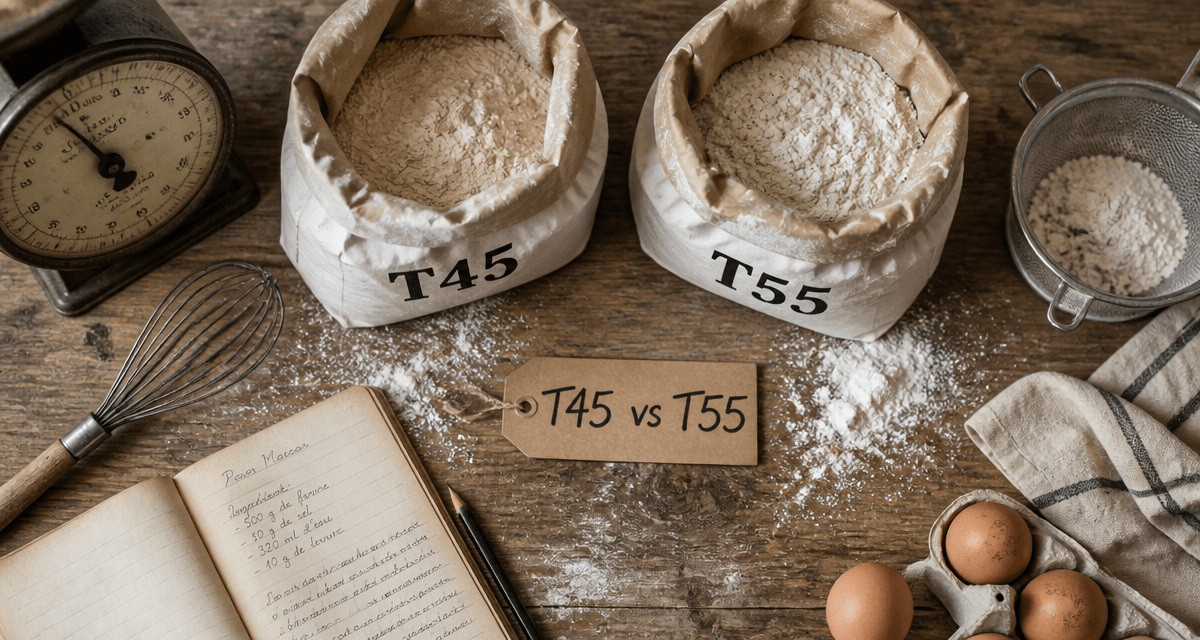 farine t45 ou t55 sur un plan de travail rustique