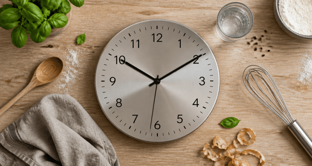horloge cuisine ronde sur plan de travail moderne