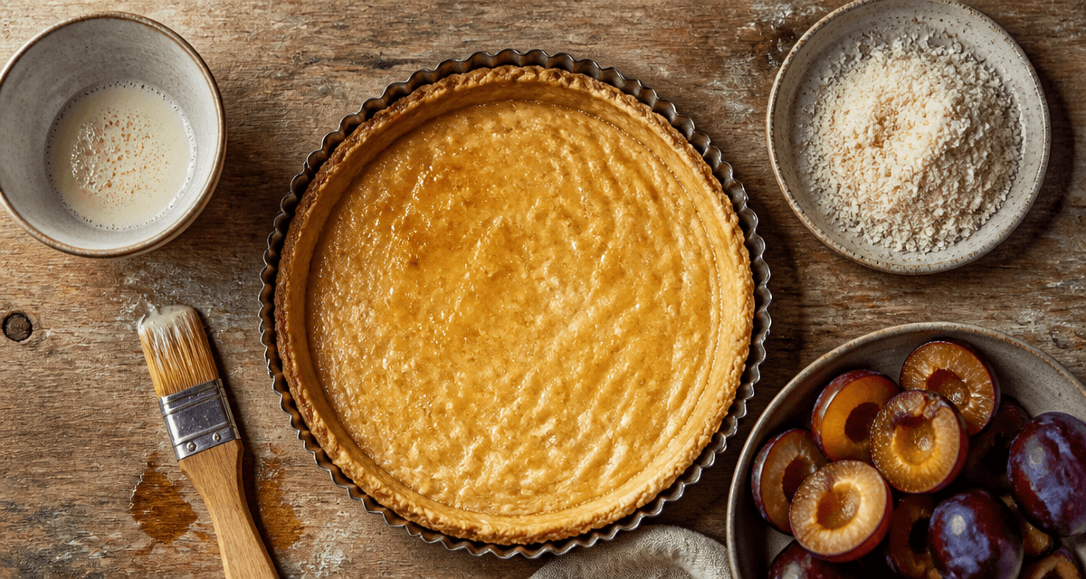 imperméabiliser fond de tarte avec blanc d’œuf sur plan de travail