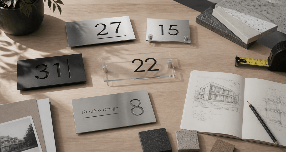 Plaques numero de maison design sur bureau d'architecte