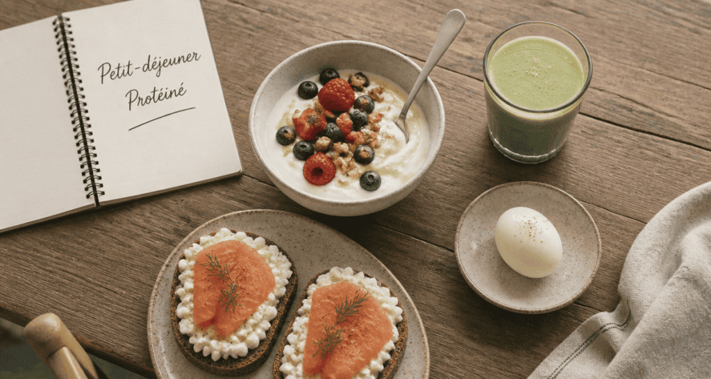 Petit dej proteiné rapide avec Skyr, saumon, smoothie
