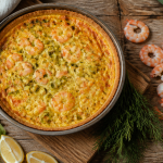 Quiches crevettes dorées sur planche rustique