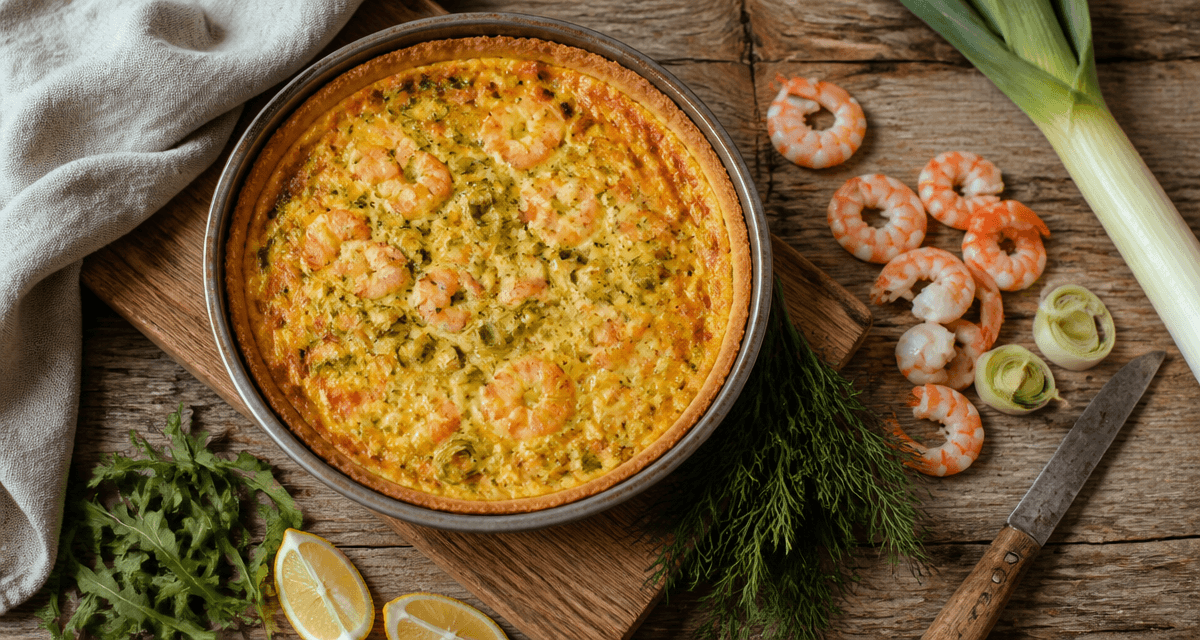 Quiches crevettes dorées sur planche rustique