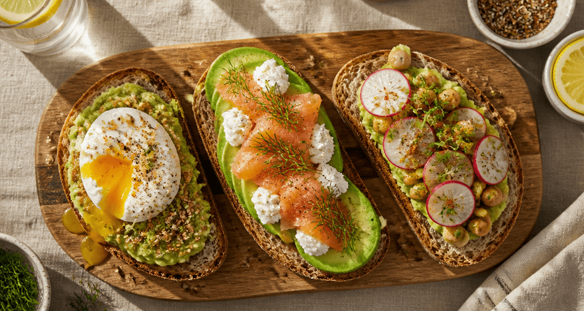 recettes toast avocat sur pain croustillant, œuf, saumon, radis