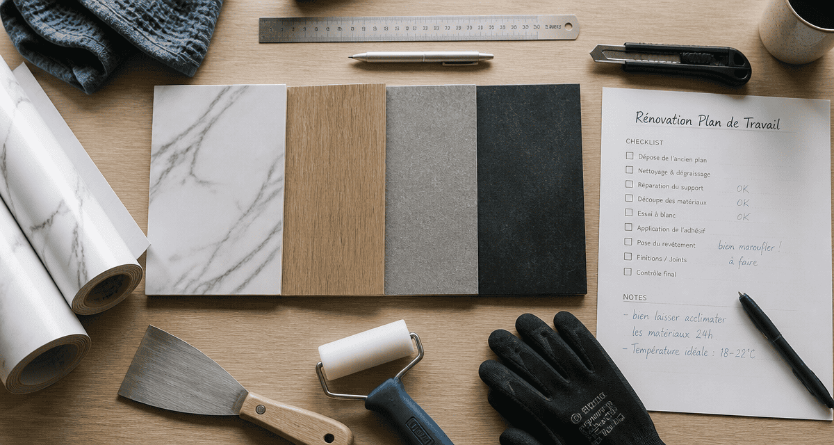 revêtement de plan de travail cuisine échantillons et outils