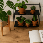 Support plante intérieur en bois et métal avec plantes vertes