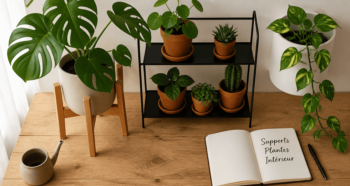 Support plante intérieur en bois et métal avec plantes vertes