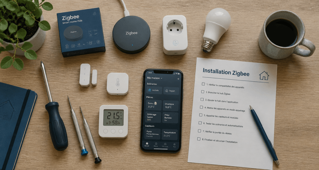 bureau avec hub zigbee domotique et capteurs