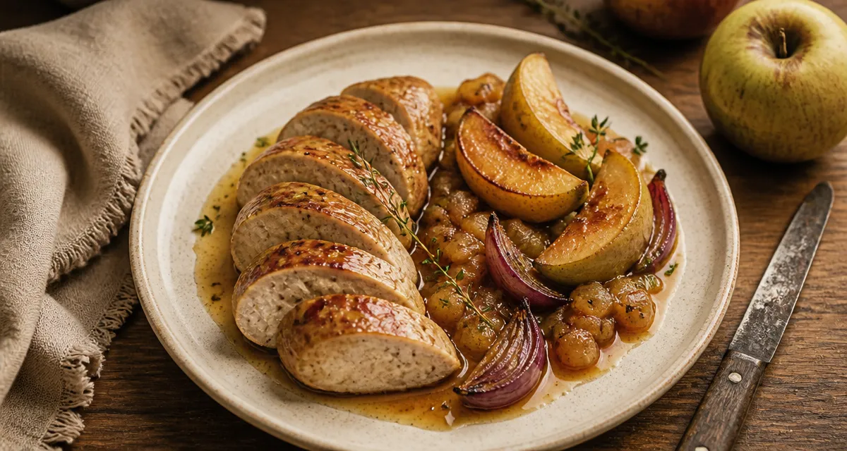 Accompagnement boudin blanc : boudin poêlé doré, pommes rôties au cidre