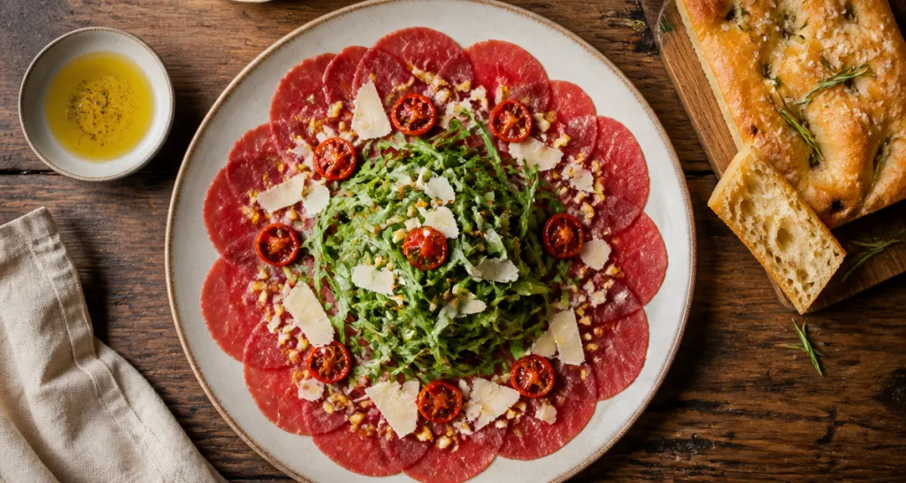 accompagnement carpaccio de boeuf roquette parmesan focaccia