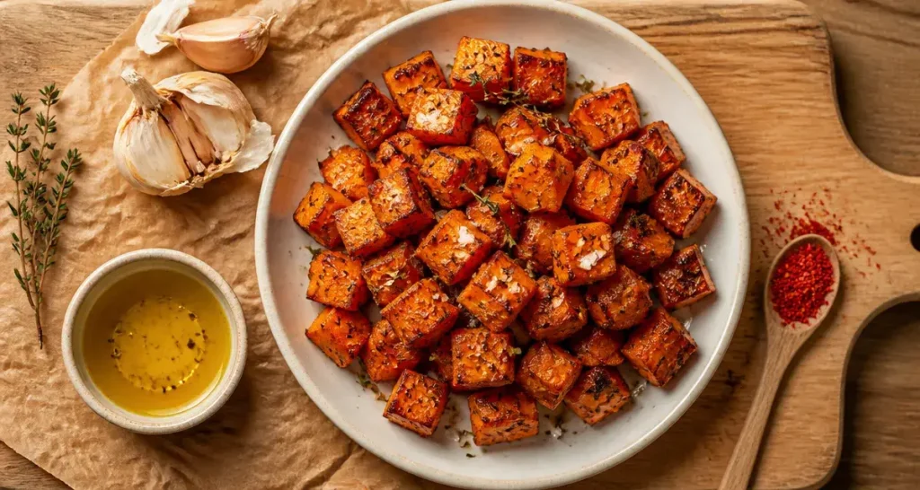 Accompagnement patate douce : patates douces rôties au four, cubes caramélisés