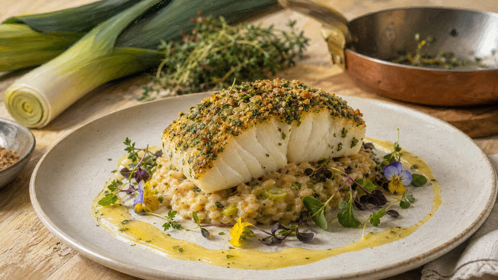 Accompagnement pour cabillaud, poisson blanc en croûte d’herbes, sauce citronnée