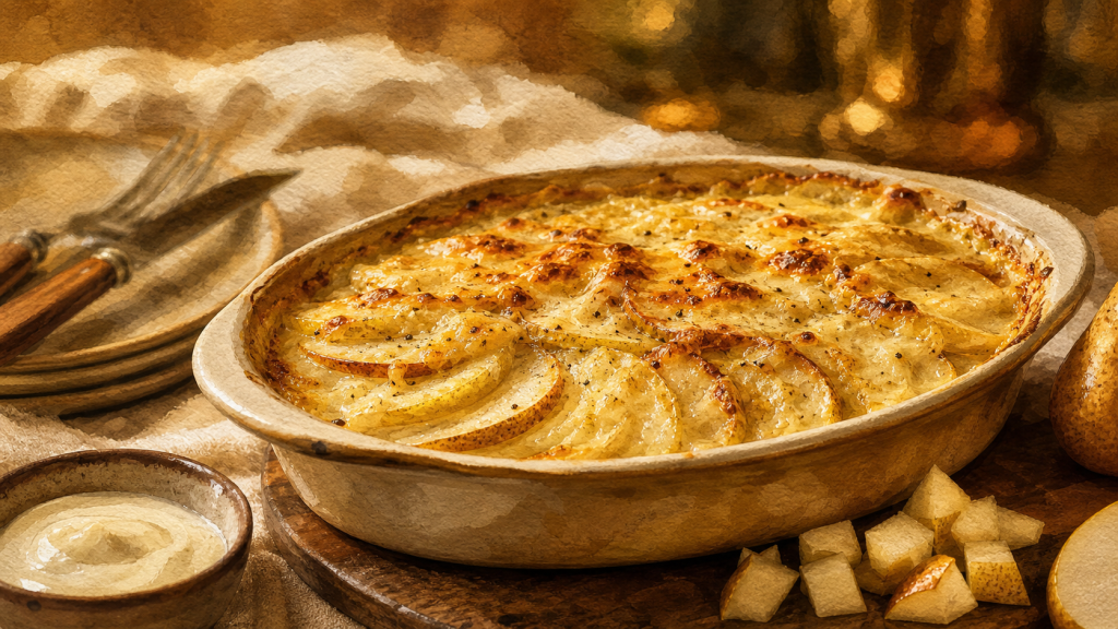 Accompagnement pour chapon farci : gratin de panais et poires au comté, doré et fondant