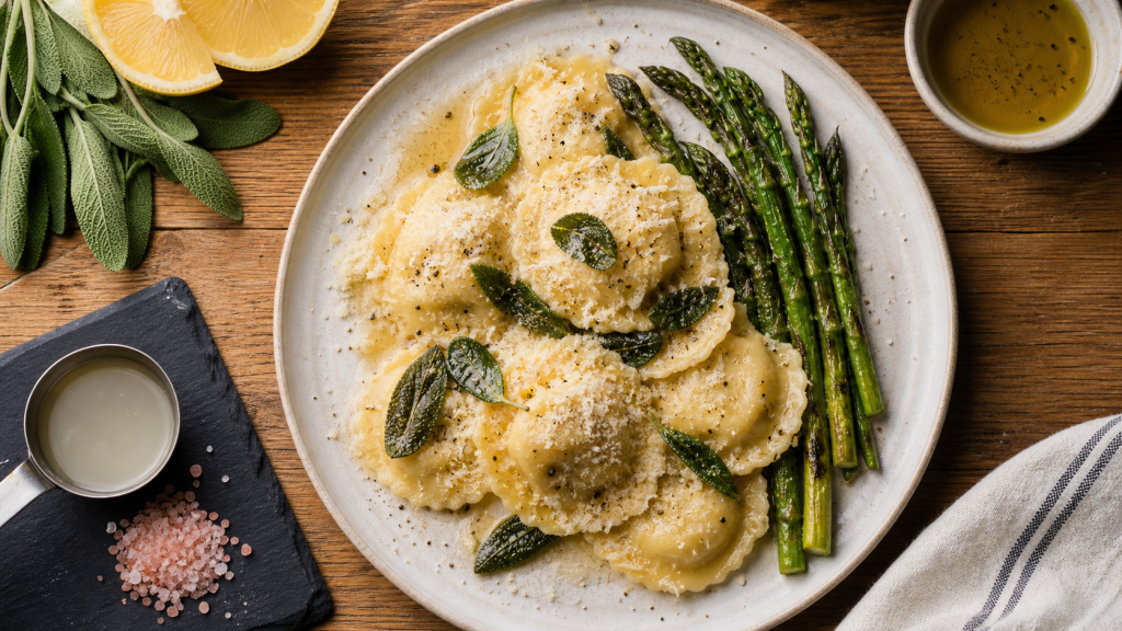 accompagnement ravioli avec beurre de sauge et parmesan, asperges vertes