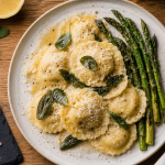 accompagnement ravioli avec beurre de sauge et parmesan, asperges vertes