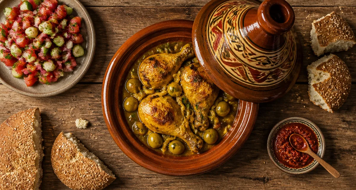 Accompagnement tajine : pain khobz, tajine au poulet et semoule réussie