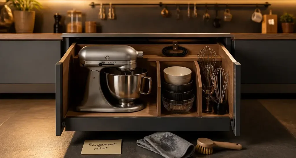 Astuce rangement robot cuisine : robot pâtissier dans tiroir ouvert