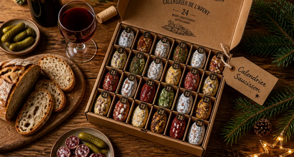 calendrier de l'avent saucisson artisanal sur table rustique