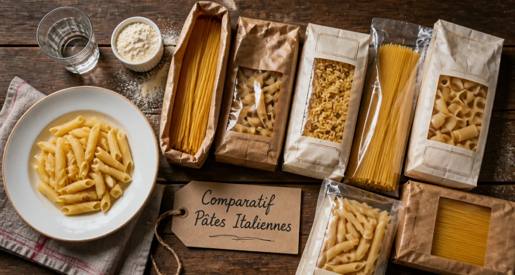 Comparatif pates italiennes marques sur table rustique