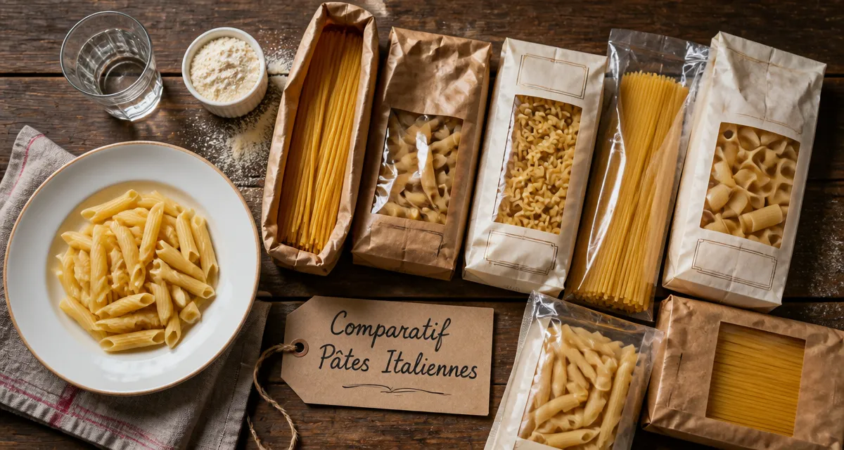 Comparatif pates italiennes marques sur table rustique