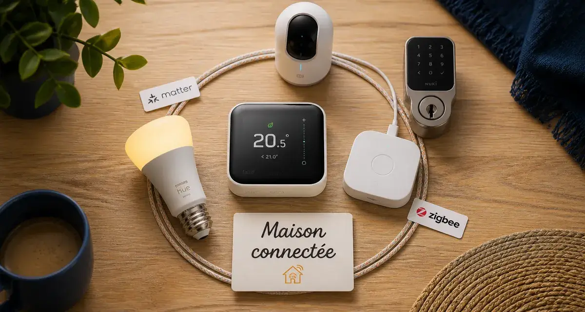 Domotique exemple : maison connectée (thermostat, ampoule, hub, caméra, serrure)