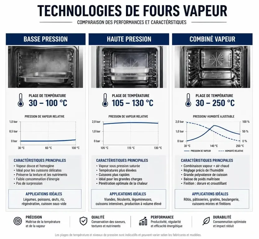 Infographie comparative des technologies de fours vapeur : basse pression, haute pression et combiné vapeur pour choisir son four vapeur selon les avis.