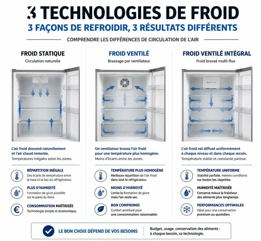 Infographie comparative des technologies de froid pour choisir son réfrigérateur : statique, brassé et ventilé.