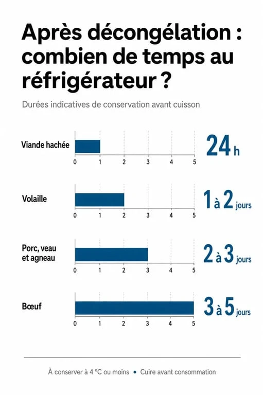 Infographie sur la durée de conservation de la viande décongelée au frigo selon le type de viande