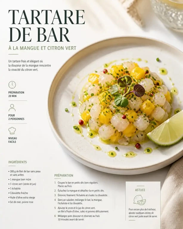 Tartare de bar à la mangue et citron vert, une entrée fraîche et légère idéale avant un aïoli.