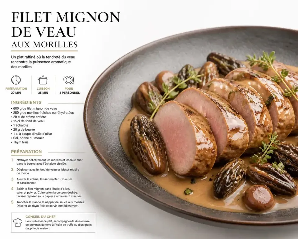 Filet mignon de veau gastronomique aux morilles et sauce au Porto dressé dans une assiette élégante