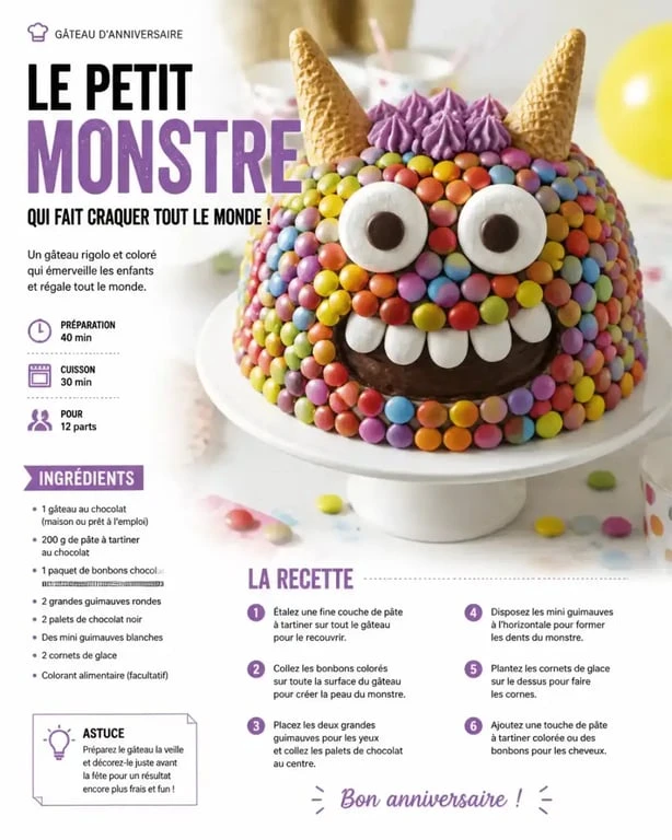 Gâteau rigolo d'anniversaire décoré en forme de monstre avec des bonbons colorés