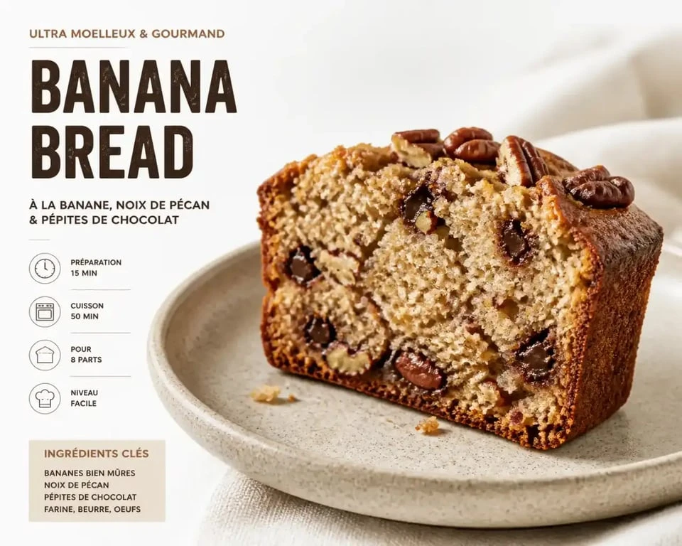Tranche de banana bread ultra moelleux avec pépites de chocolat et noix de pécan