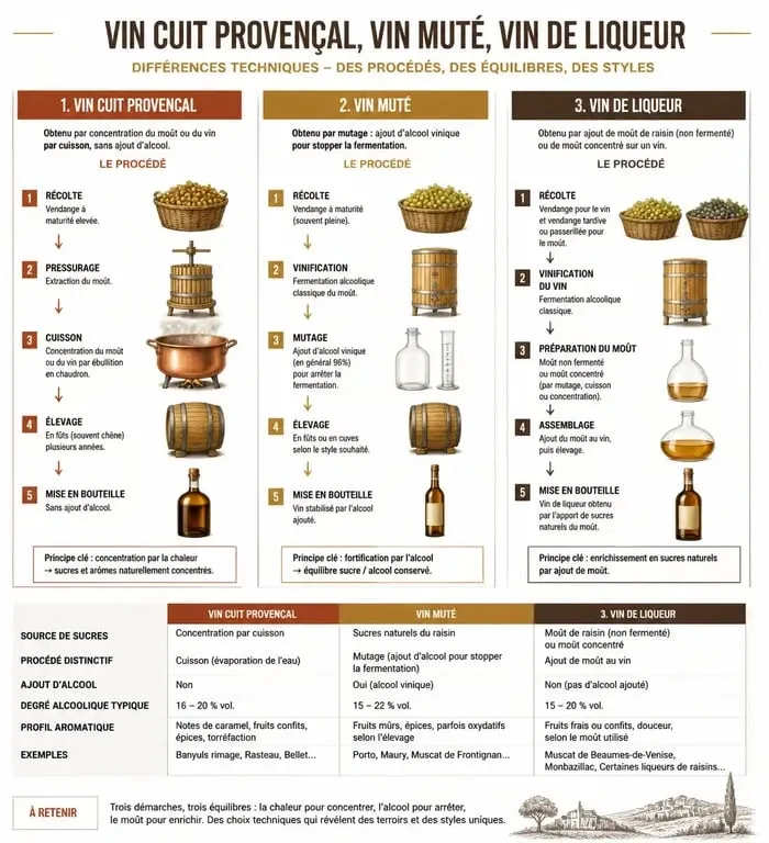 Infographie comparative des types de vins : vin cuit, vin muté et vin de liqueur pour comprendre les différences de fabrication et choisir son vin cuit apéritif français.