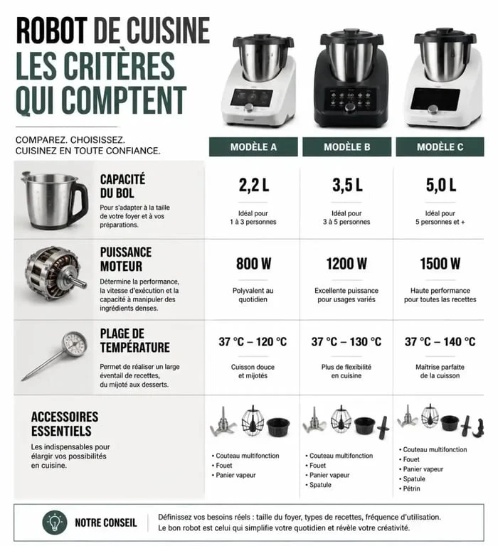 Infographie des critères pour choisir le meilleur robot cuisine : capacité, puissance et température