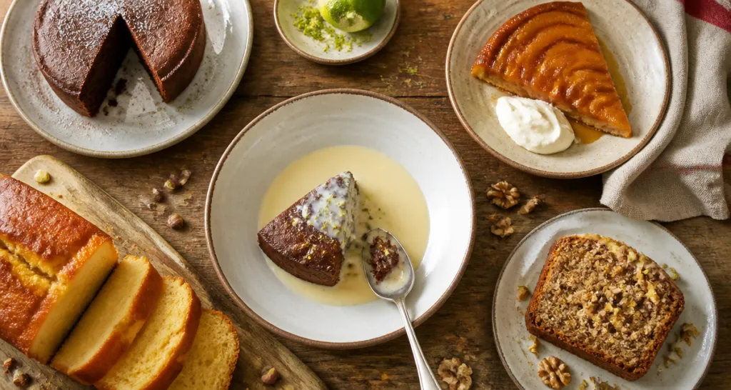 Gâteau pour accompagner une crème anglaise sur table avec autres desserts