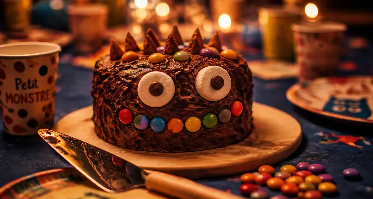 Gateau rigolo anniversaire Petit Monstre chocolaté décoré Smarties