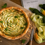 Courgettes saison : tarte aux courgettes, menthe et pignons sur planche