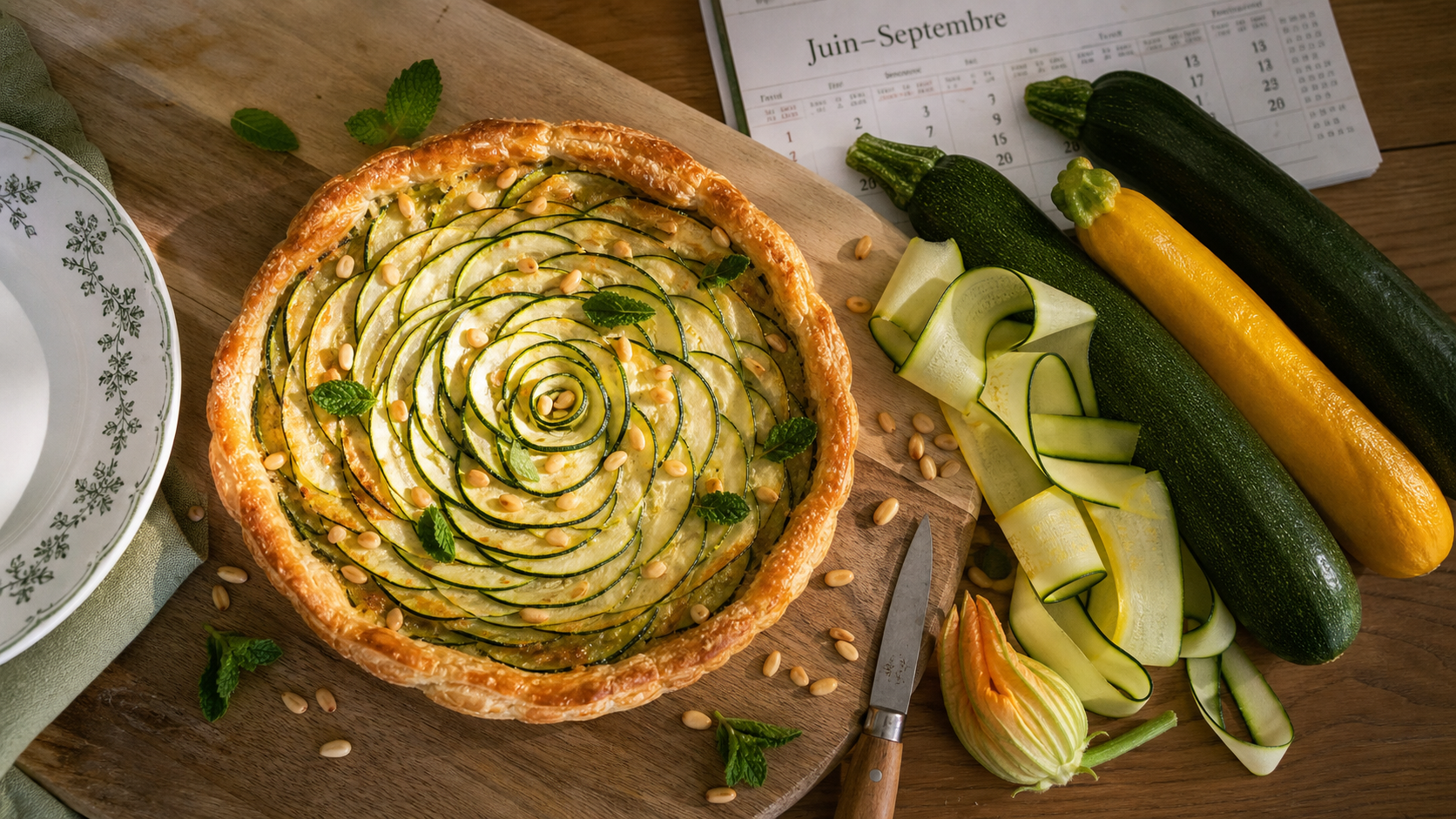 Courgettes saison : tarte aux courgettes, menthe et pignons sur planche