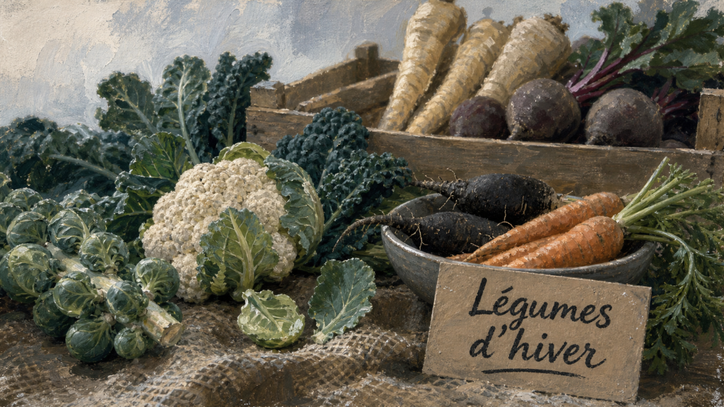 Légumes de saison janvier : choux, radis noir et carottes sur un marché d’hiver