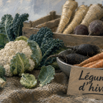 Légumes de saison janvier : choux, radis noir et carottes sur un marché d’hiver