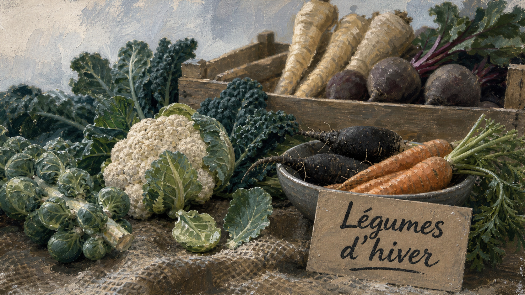 Légumes de saison janvier : choux, radis noir et carottes sur un marché d’hiver