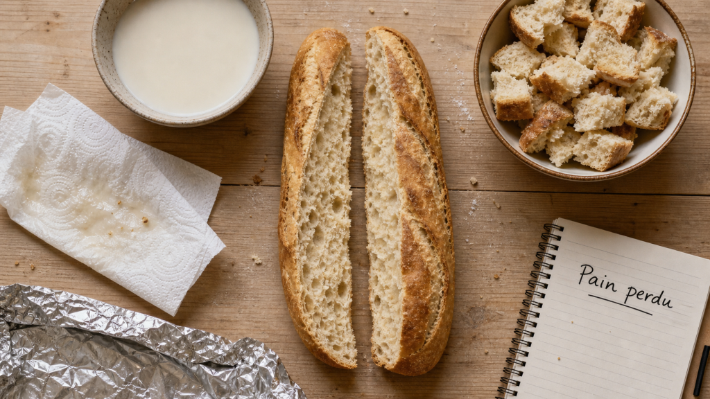 Pains rassis : baguette ramollie au lait et pudding anti-gaspi