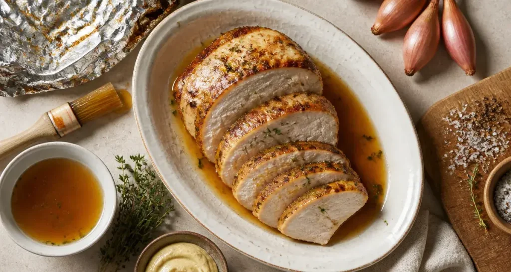 Recette filet de dinde au four moelleux : filet rôti tranché, jus ambré