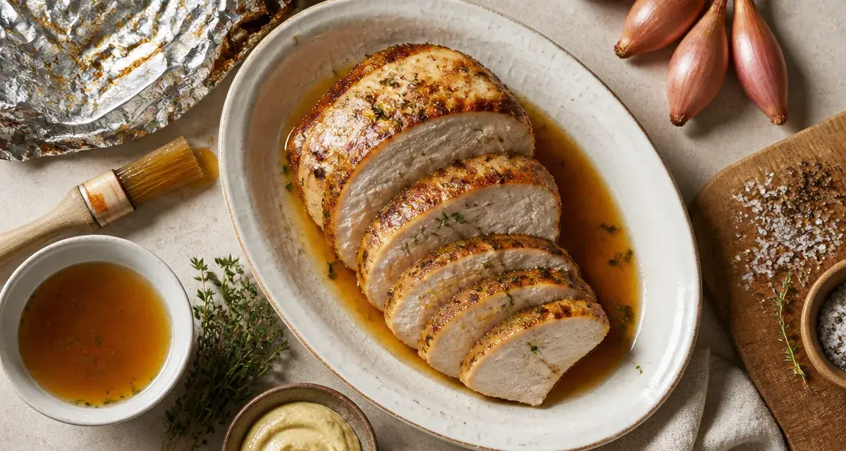 Recette filet de dinde au four moelleux : filet rôti tranché, jus ambré
