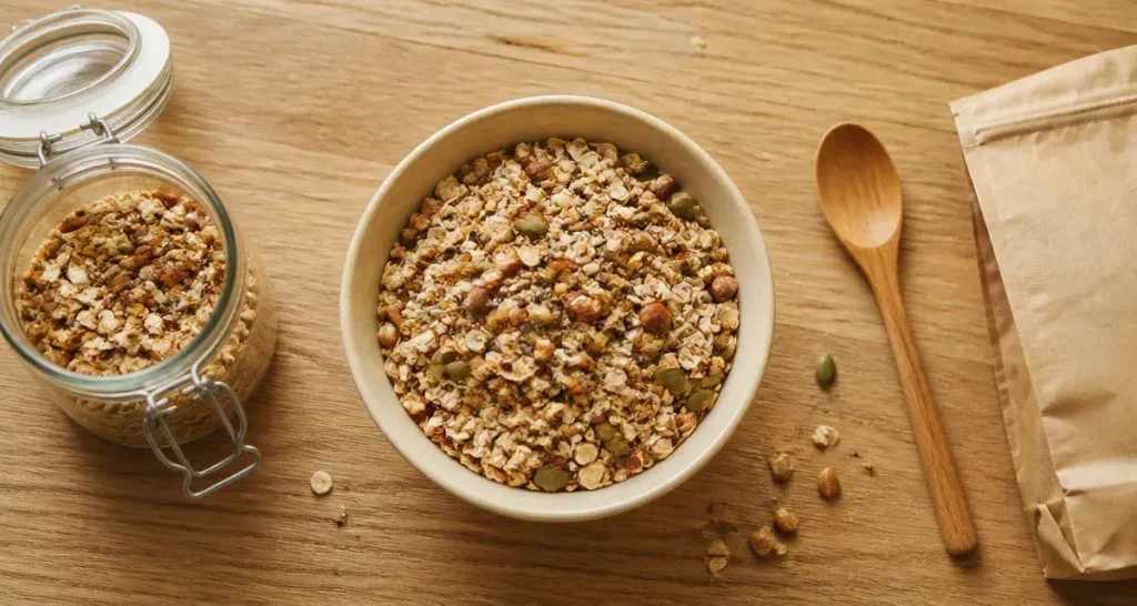 Recette muesli maison healthy croustillant, bol de muesli et graines