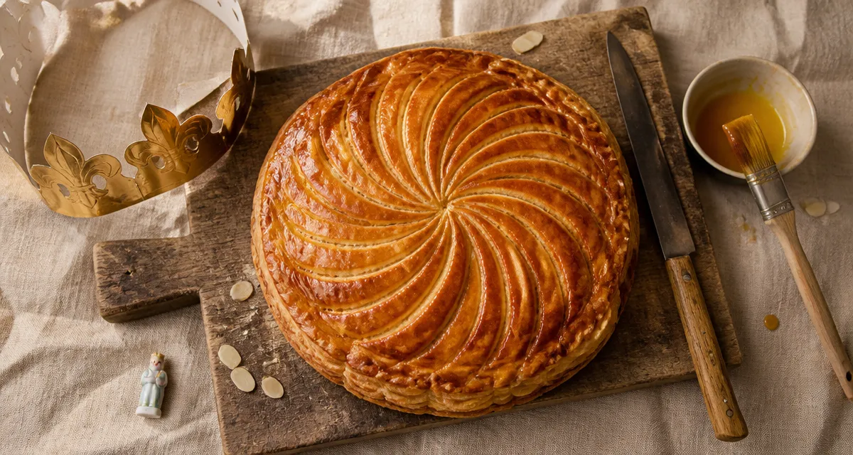 recette pour la galette des rois maison dorée sur planche en bois