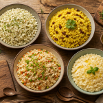 riz en accompagnement recettes, quatre bols de riz parfumé sur table rustique