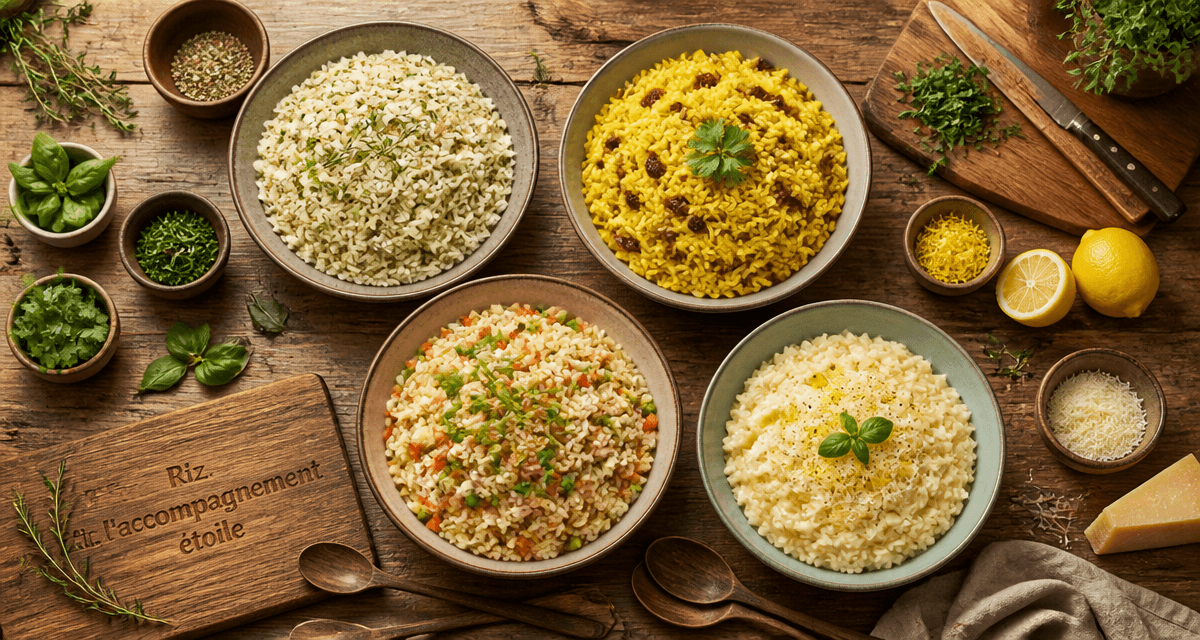 riz en accompagnement recettes, quatre bols de riz parfumé sur table rustique