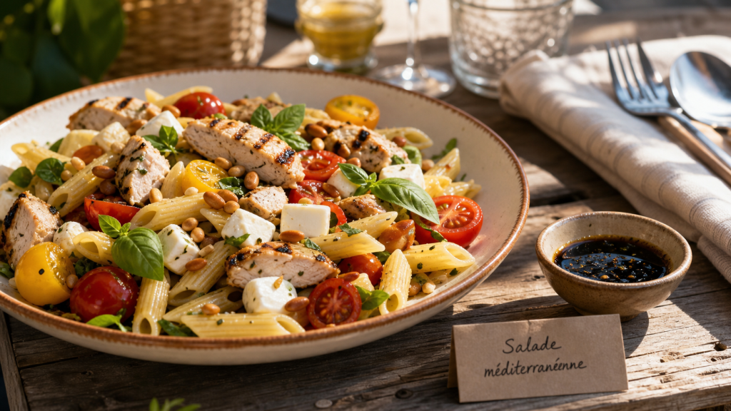 Salades de pates au poulet, salade méditerranéenne au poulet et penne al dente