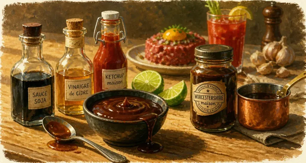 Sauce Worcestershire remplacer : bol de sauce brune et ingrédients